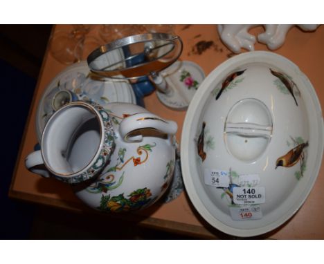 CERAMIC CASSEROLE AND COVER, VASE WITH FRUIT DECORATION