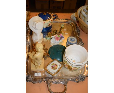 LARGE SILVER PLATED TRAY CONTAINING CERAMIC ITEMS INCLUDING A WEDGWOOD JASPERWARE CIRCULAR BOX AND PORCELAIN FLOWERS