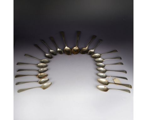 Georgian and later silver cutlery, mostly Old English pattern teaspoons, including set of six George III examples engraved wi