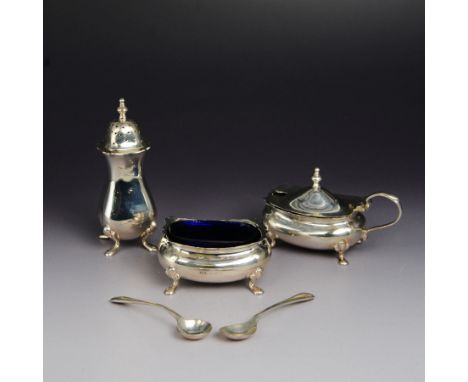Early 20th century silver three piece cruet set, comprising mustard pot, open salt and pepper pot, all of oval form with shap