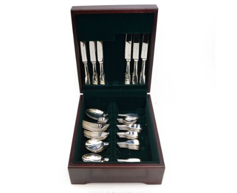 Late 20th century silver canteen of Fiddle pattern cutlery for six place settings, comprising silver handled table knives, si