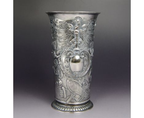 Early 20th century continental silver vase, probably German/Prussian, of tapering form with fluted rim, embossed with crowned