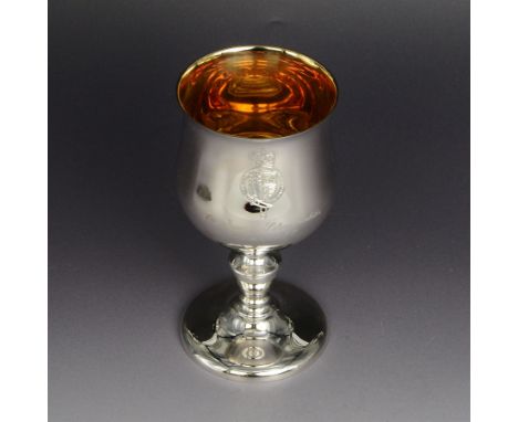 Limited edition commemorative silver goblet, the bowl engraved with the Royal arms reading 'The Queens Silver Jubilee 1952-19