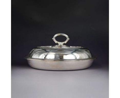 1930s silver entree dish, of plain oval from with loop handle and reed decoration, hallmarked Harrison Brothers & Howson, She