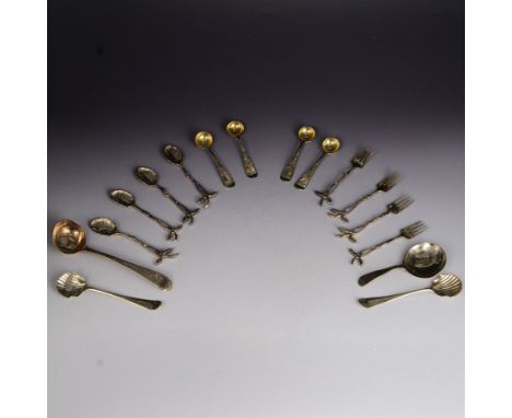 Group of silver cutlery, comprising William IV Old English pattern caddy spoon with plain circular bowl, hallmarked Phillip P