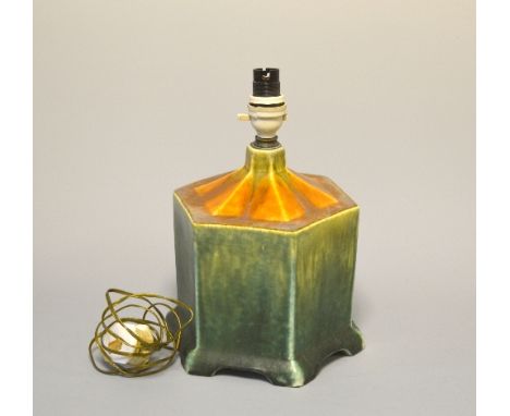 RUSKIN POTTERY, a crystalline hexagonal lamp base, decorated in green and orange glaze, impressed marks, height approximately