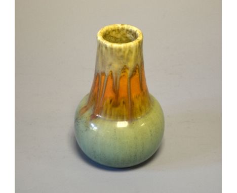 RUSKIN POTTERY, a streaked and banded gloss vase, designed by William Howson Taylor, orange, brown and green glaze, impressed