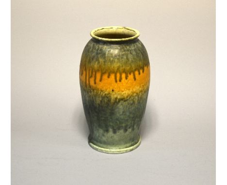 RUSKIN POTTERY, a crystalline vase designed by William Howson Taylor, with green, orange and brown glaze, impressed mark and 