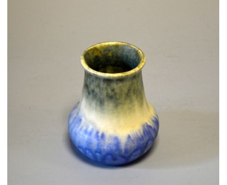 RUSKIN POTTERY, a small vase, designed by William Howson Taylor, streaked and banded green, cream and blue matt glaze, impres