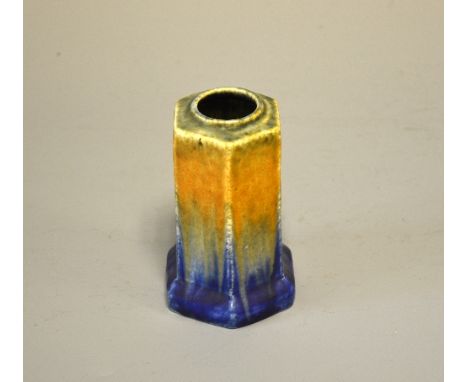 RUSKIN POTTERY, a small hexagonal vase, designed by William Howson Taylor, orange, green and blue matt, raised marks and impr