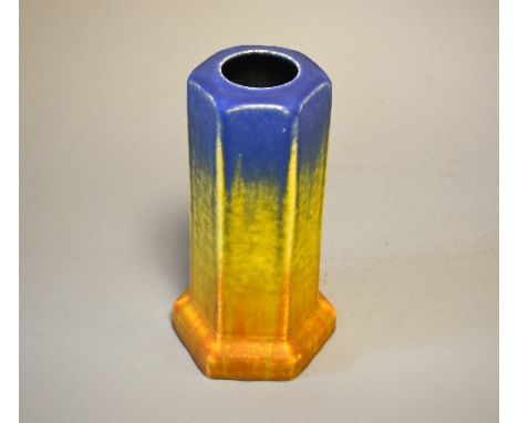 RUSKIN POTTERY, a hexagonal vase, designed by William Howson Taylor, with streaked and banded blue, yellow and orange matt gl