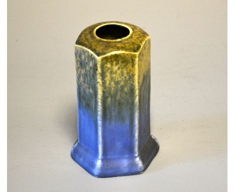 RUSKIN POTTERY, a crystalline hexagonal vase, designed by William Howson Taylor, cream, green and blue glaze, raised mark and