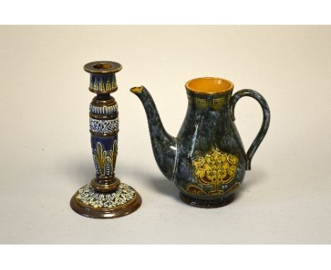 A ROYAL DOULTON STONEWARE COFFEE POT, with Tree of Life design and a Lambeth stoneware candlestick, impressed marks (2)