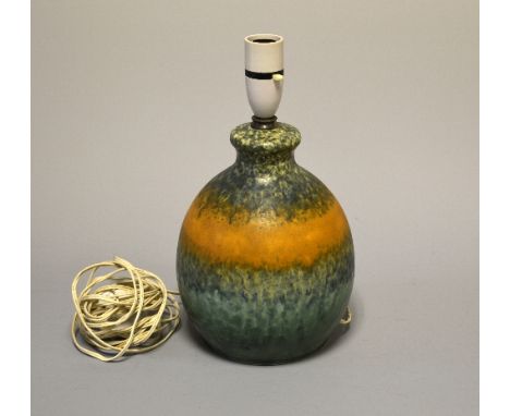 RUSKIN POTTERY, a crystalline lamp base of ovoid form, decorated with green, orange and blue glaze, impressed marks, height a