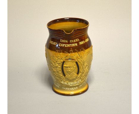 A DOULTON LAMBETH STONEWARE COMMEMORATIVE JUG, 'Emin Pasha Relief Expedition 1887-1889', relief decorated with a titled portr