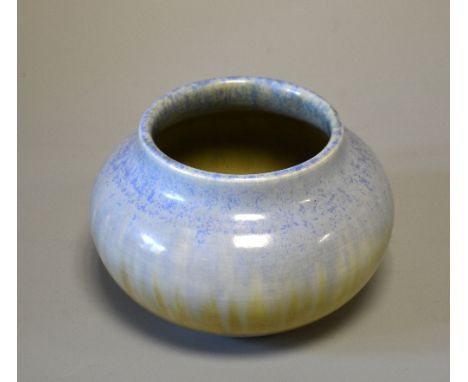 RUSKIN POTTERY, a crystalline squat vase, designed by William Howson Taylor, blue and brown glaze, impressed triangular mark 