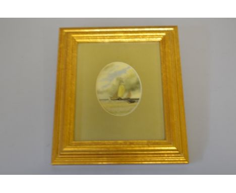 R. GREGORY, fishing boats near a beach, signed lower right, enamel on porcelain, oval, approximately 9.5cm x 7cm