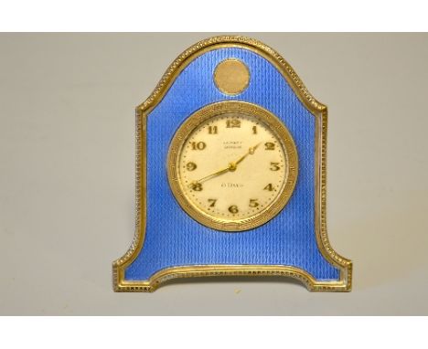 A G. ASPREY SILVER AND GUILLOCHE ENAMEL EASEL CLOCK, eight day watch movement, hallmarked Walker & Hall, Sheffield 1929, heig