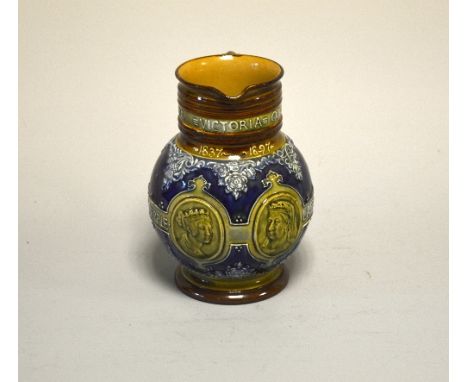 A DOULTON LAMBETH STONEWARE JUG, Commemorating the reign of Queen Victoria 1837-1897, with two portrait medallions in relief 