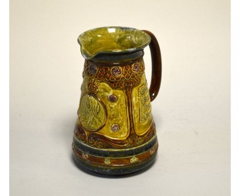A DOULTON LAMBETH STONEWARE JUG, Commemorating Queen Victoria, relief decoration with portrait medallion between Art Nouveau 