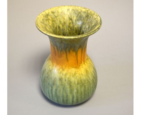 RUSKIN POTTERY, a waisted vase designed by William Howson Taylor, with streaked and banded orange and green matt glaze, impre