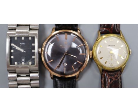 A gentleman's steel and gold plated Avia manual wind wrist watch and two other wrist watches.