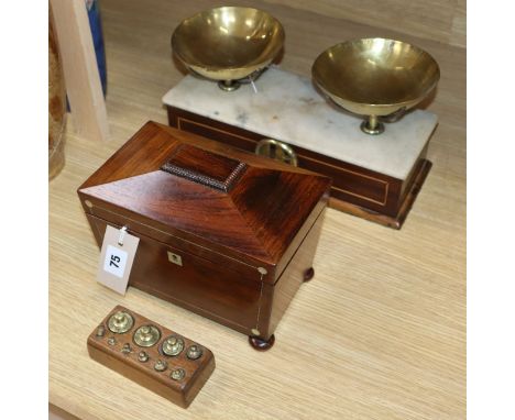 A set of 19th century French brass and mahogany scales with metric weights and a 19th century rosewood tea caddy