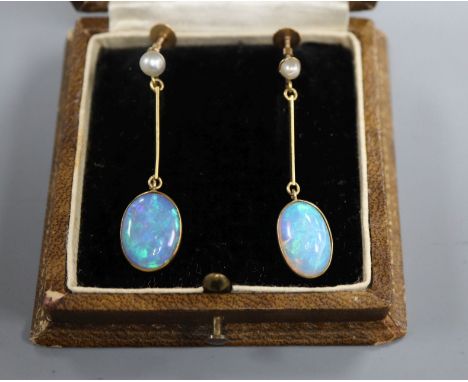 A pair of 9ct, cabochon white opal and cultured pearl set drop earrings, 34mm.