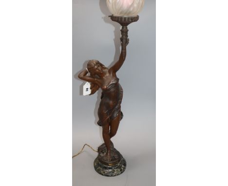 An Art Nouveau spelter lamp with marble base and flambe shade height 86cm