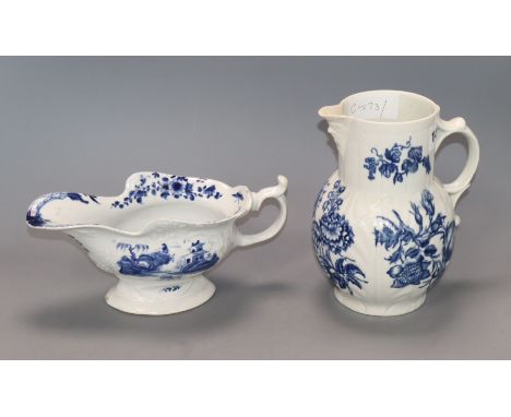 A Worcester 'The Fisherman on a Towering Rock' sauce boat, c.1755 and a Worcester 'Three Flowers' mask jug, c.1775,