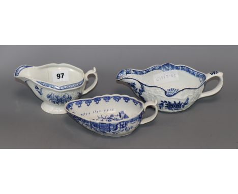 Two Worcester blue and white sauceboats, c.1760-70 and a Bow blue and white sauceboat, c. 1760-5 (foot ground off)