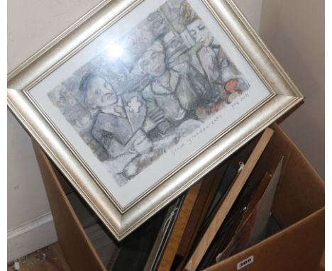S.W. Hunton, watercolour, Burmese temple, signed and dated 1923, 25 x 38cm, and eight other assorted paintings and prints