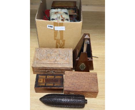A group of Victorian boxes, a metronome, a nutmeg grater, etc.