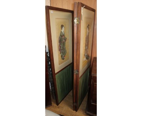 An Edwardian three fold dressing screen inset three Japanese gouache portrait panels H.168cm