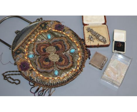 A 1940's handbag, garnet ring, marcasite watch, spider brooch, lighter and 19 assorted mother-of-pearl gaming counters