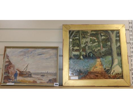 Dunlop, 2 oils on board, Coastal scene and Woodland scene, bearing signatures, largest 36 x 38cm