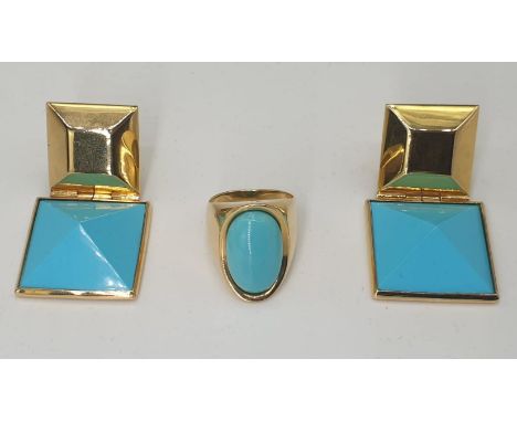 Stylish mid 20th century ring & earrings (Clips) with pressed turquiose set in 750 (18K) gold.  Each piece marked 750. Ring s