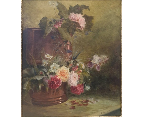 20th Century oil on canvas, flowers in a copper/brass vessel, Some flowers are wilting. Signature illegible. Recently cleaned