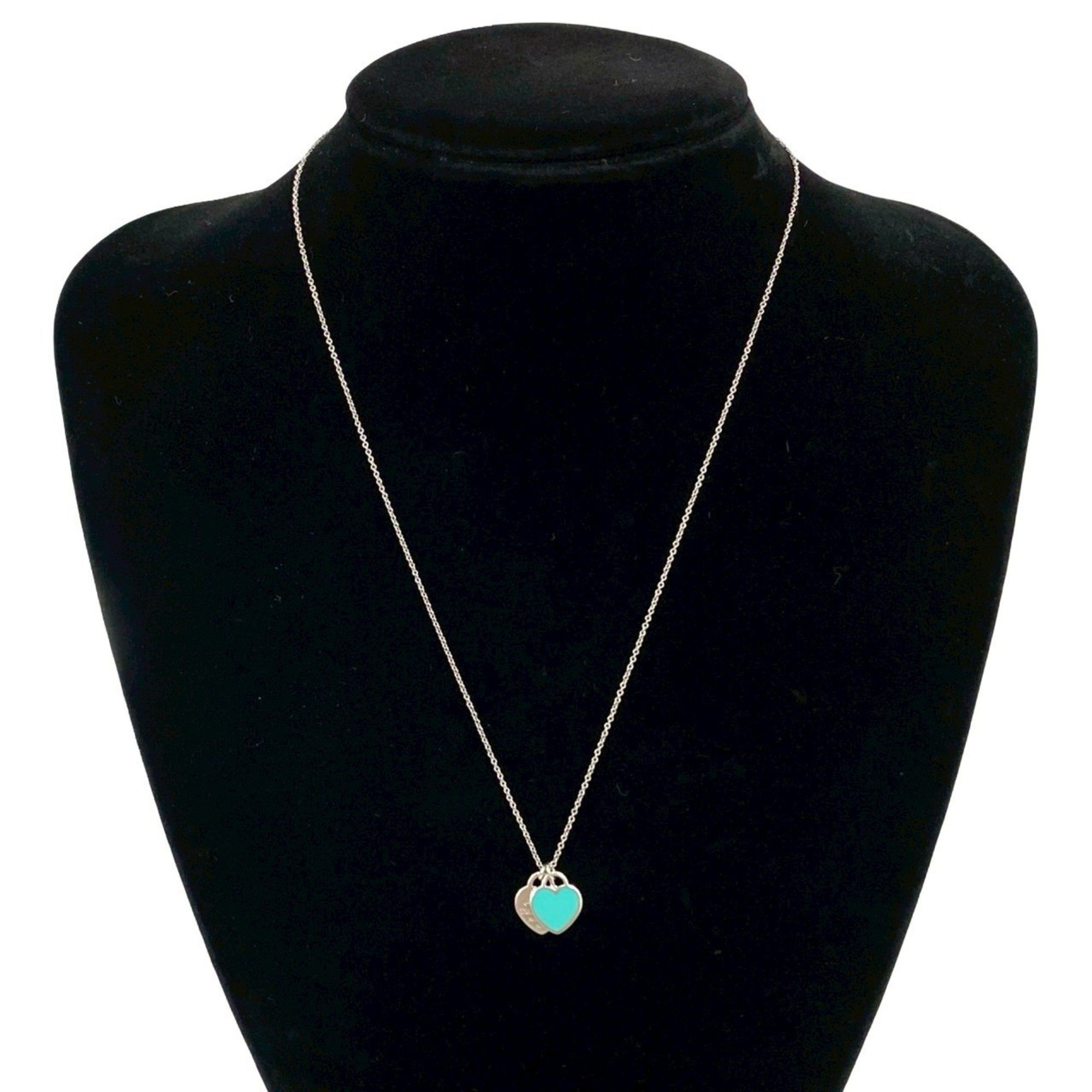 TIFFANY & Co. Tiffany Double Heart Tag Motif Necklace with Diamonds and Sterling Silver Chain Pendan