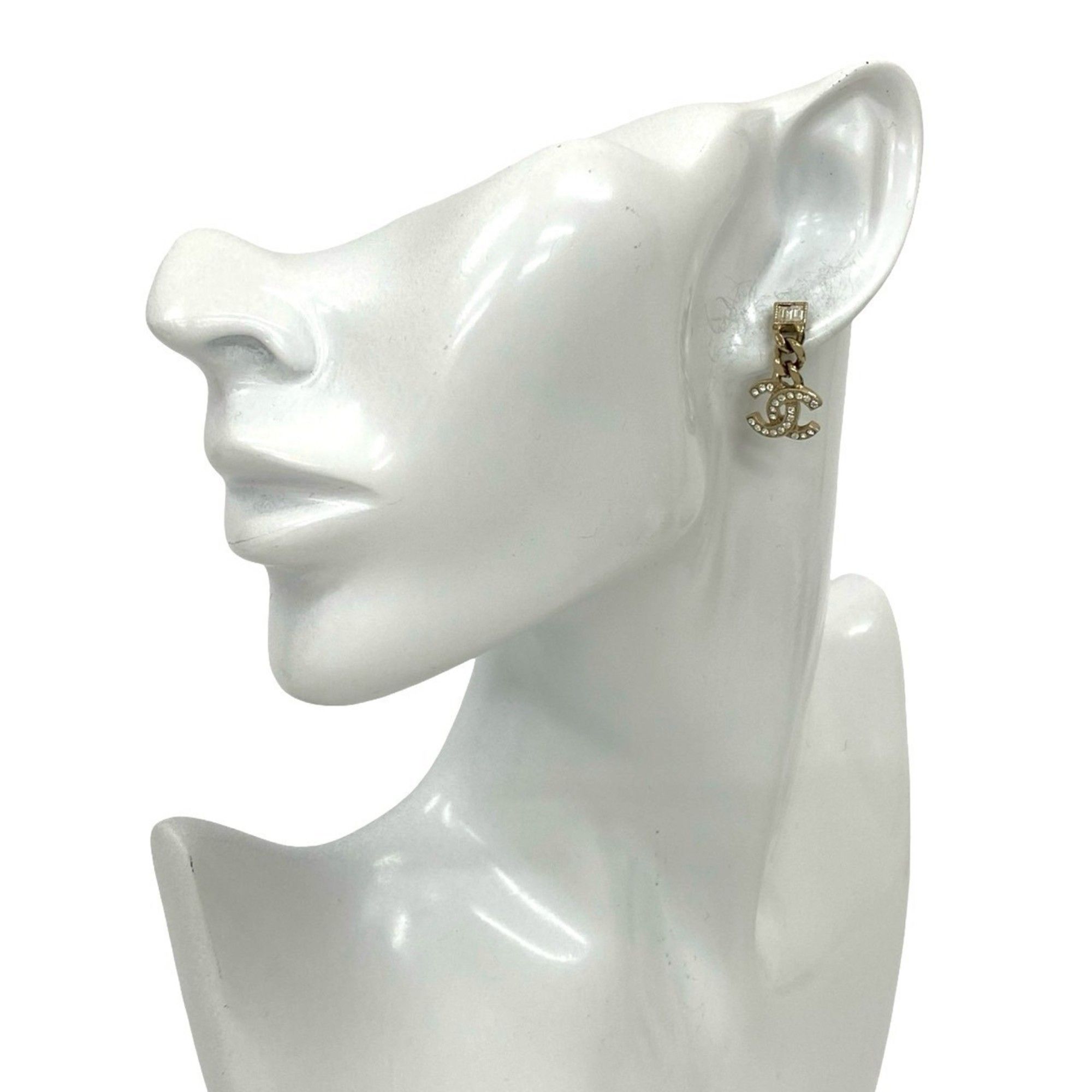 CHANEL Coco Mark Metal Rhinestone Earrings, Gold, 97497
