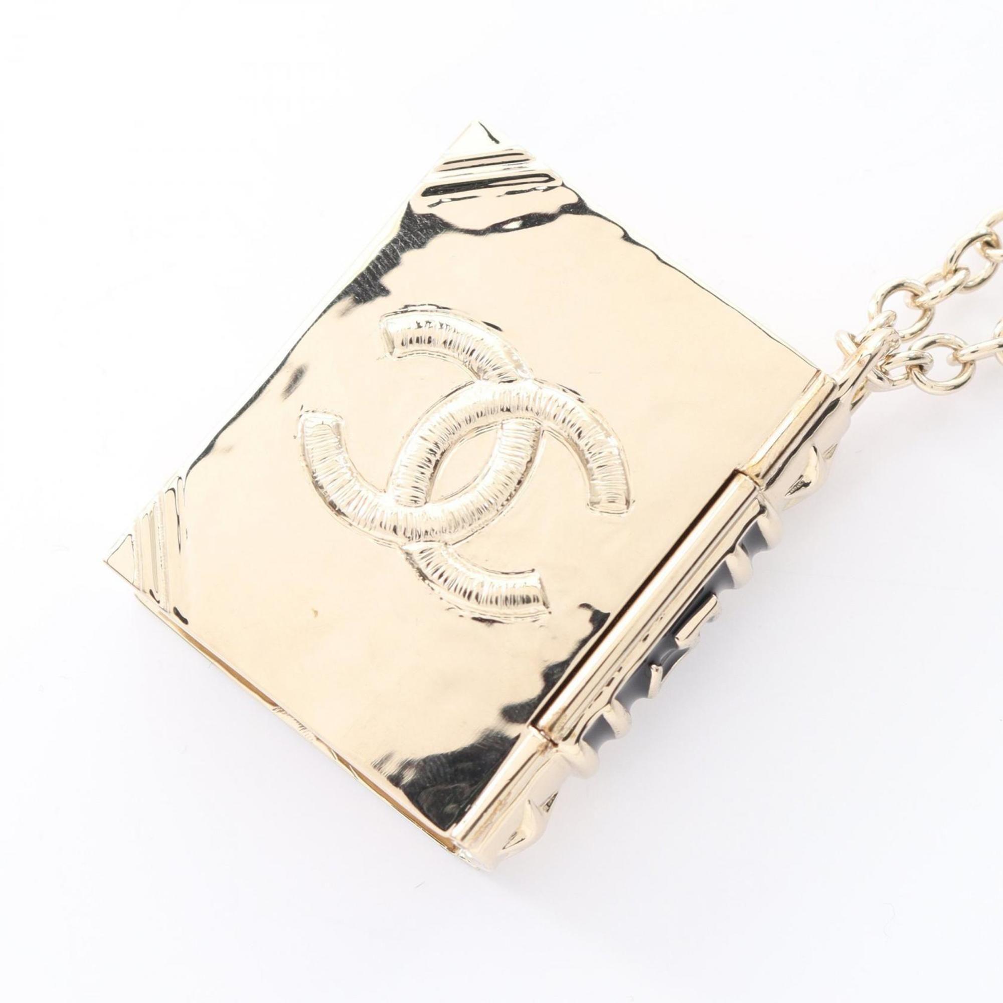 CHANEL Coco Mark Book Motif Necklace, Gold Plated, Women's, and Black