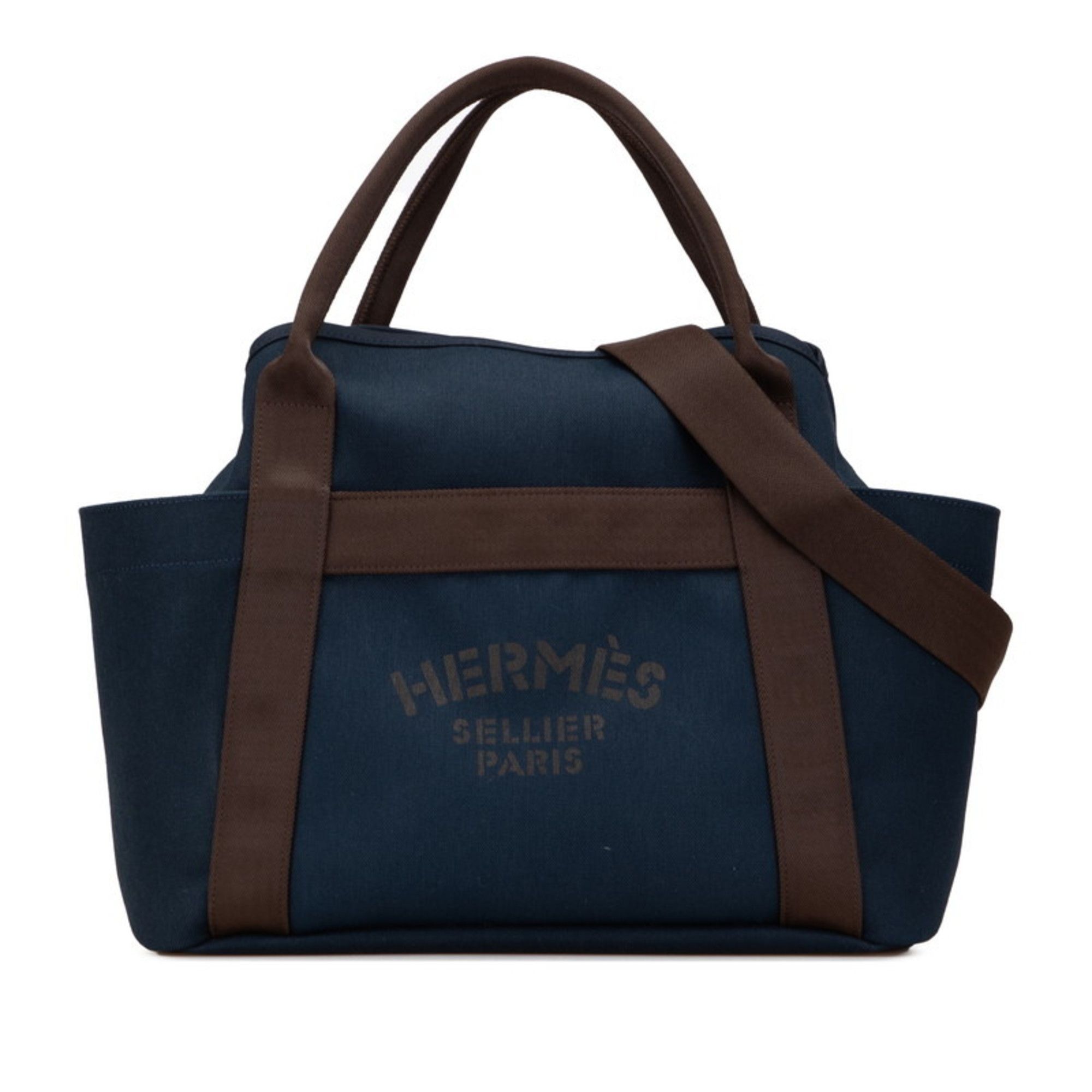 Hermès Sac de Pansage Groom Handbag/Shoulder Bag, 2-Way, Navy/Brown Canvas, Women's, HERMES