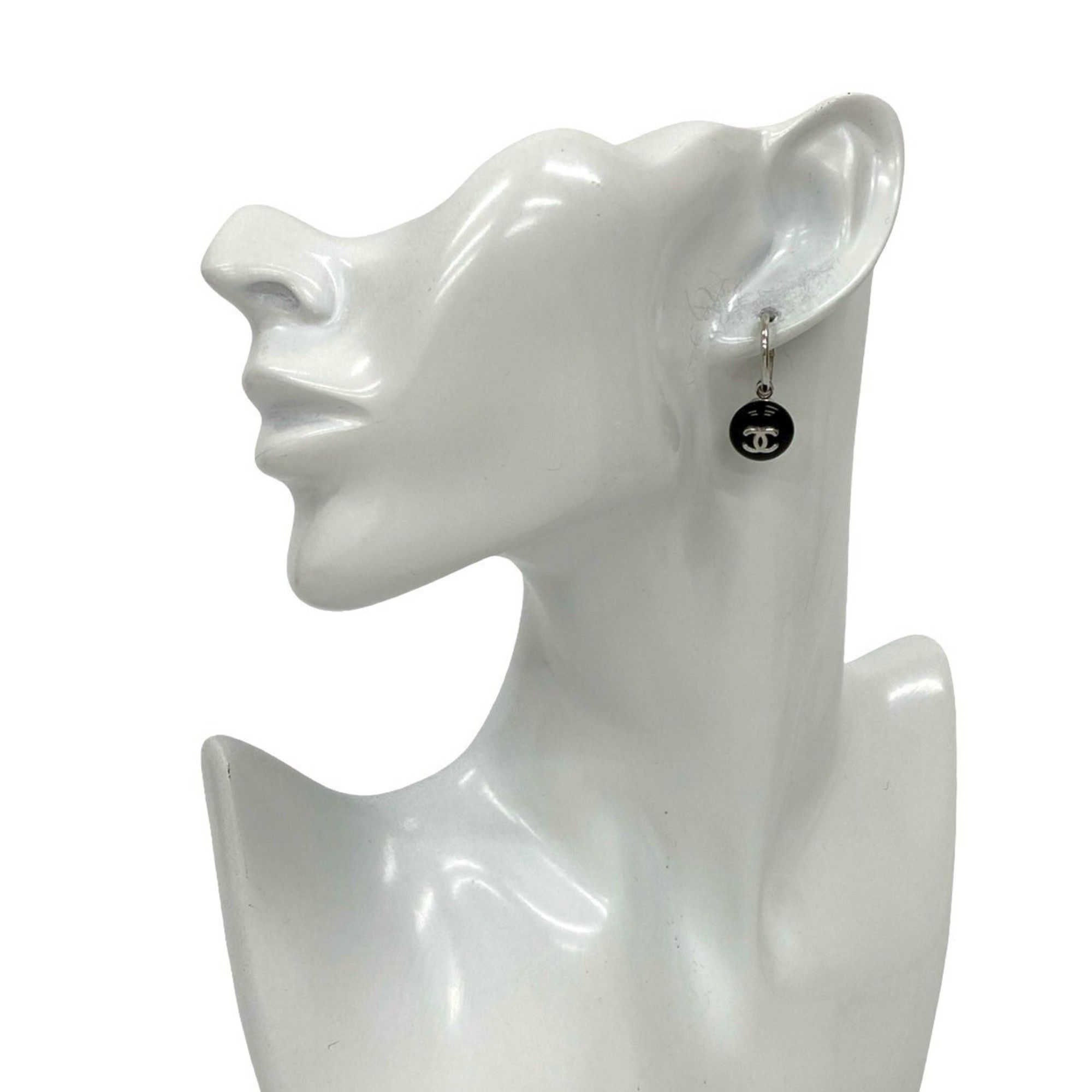 CHANEL Coco Mark Motif Plastic Plated Earrings, Silver/Black, 61801