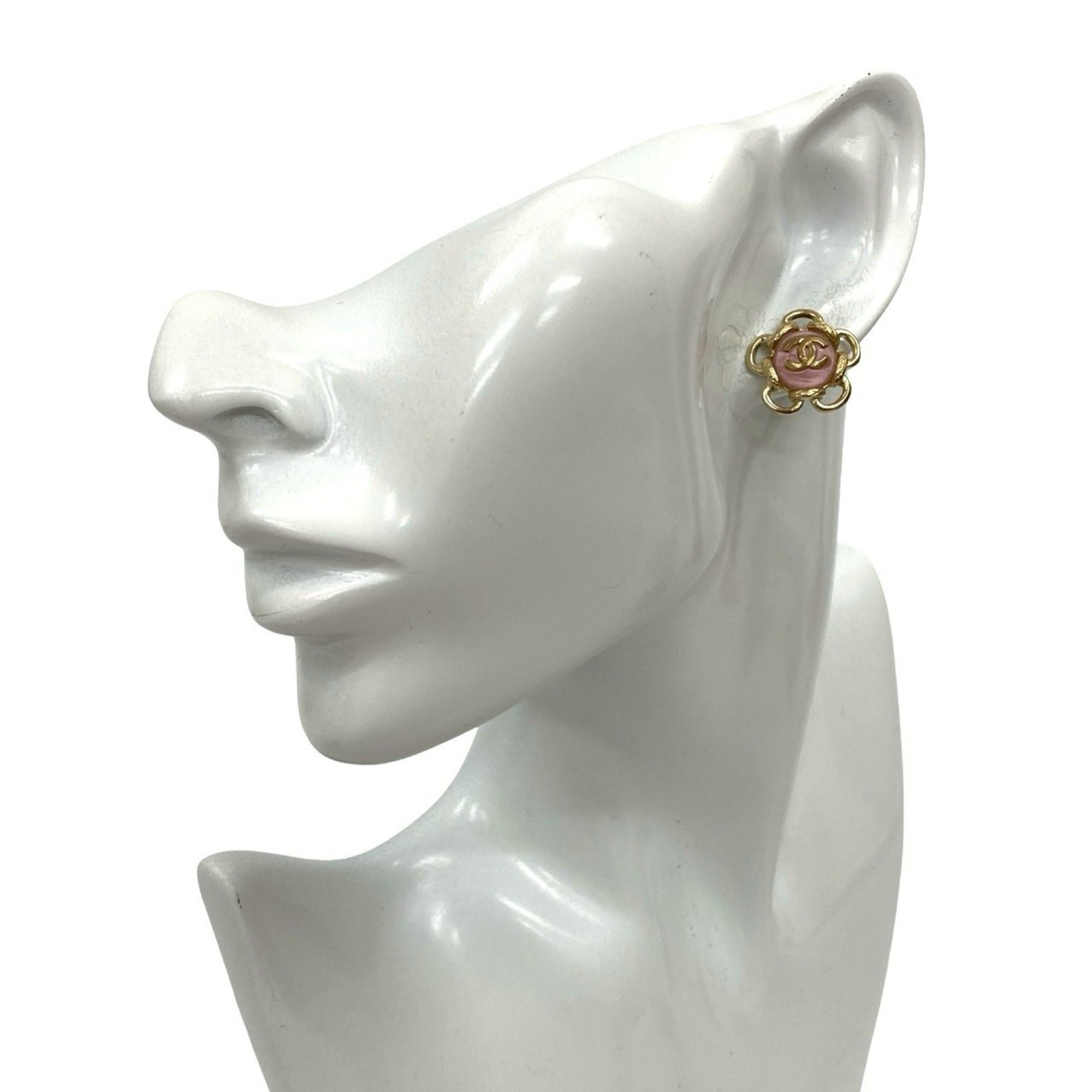 CHANEL Coco Mark Flower Motif Earrings, Gold and Pink, 62246
