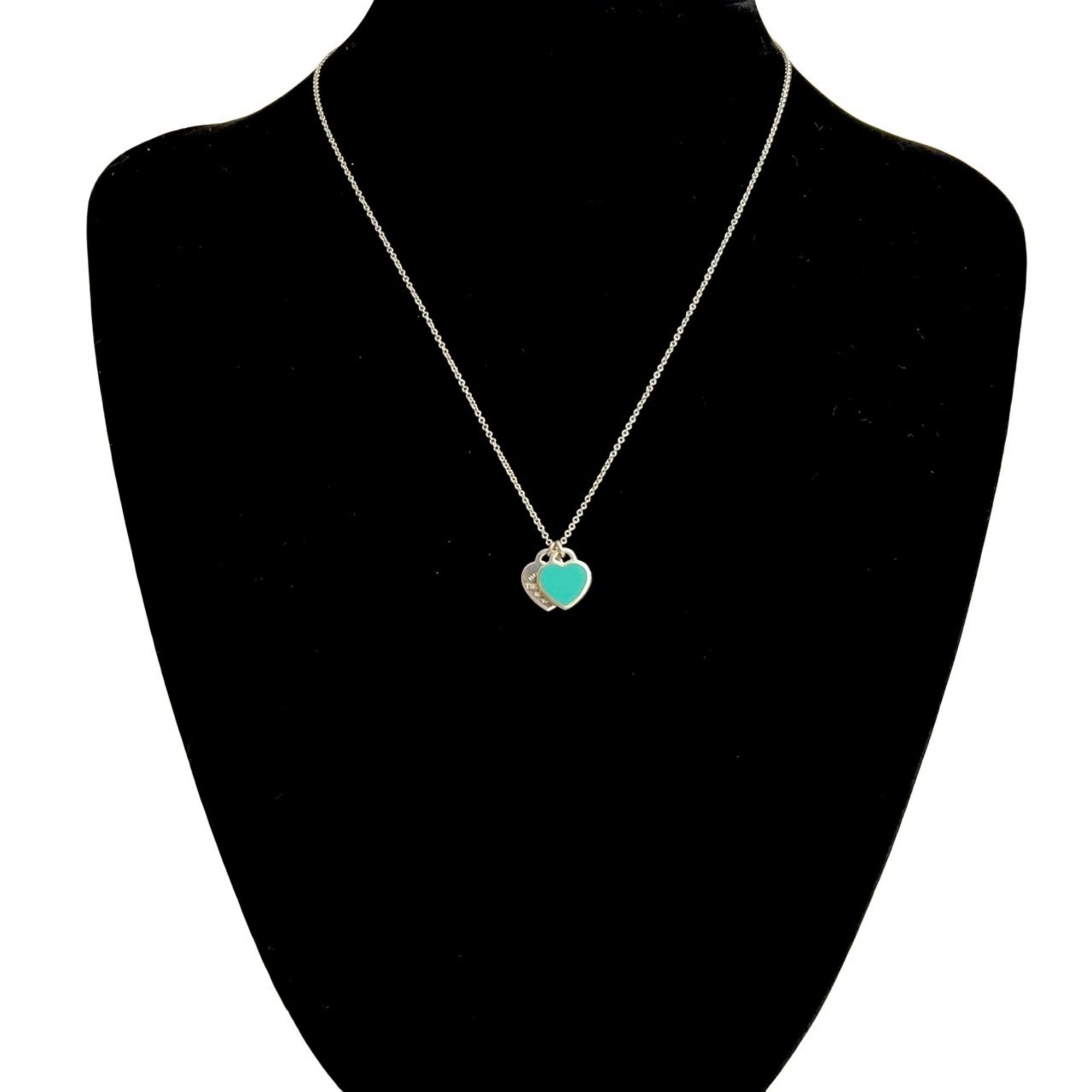 TIFFANY & Co. Tiffany Return to Mini Double Heart Tag 925 Silver Necklace in Blue 11531