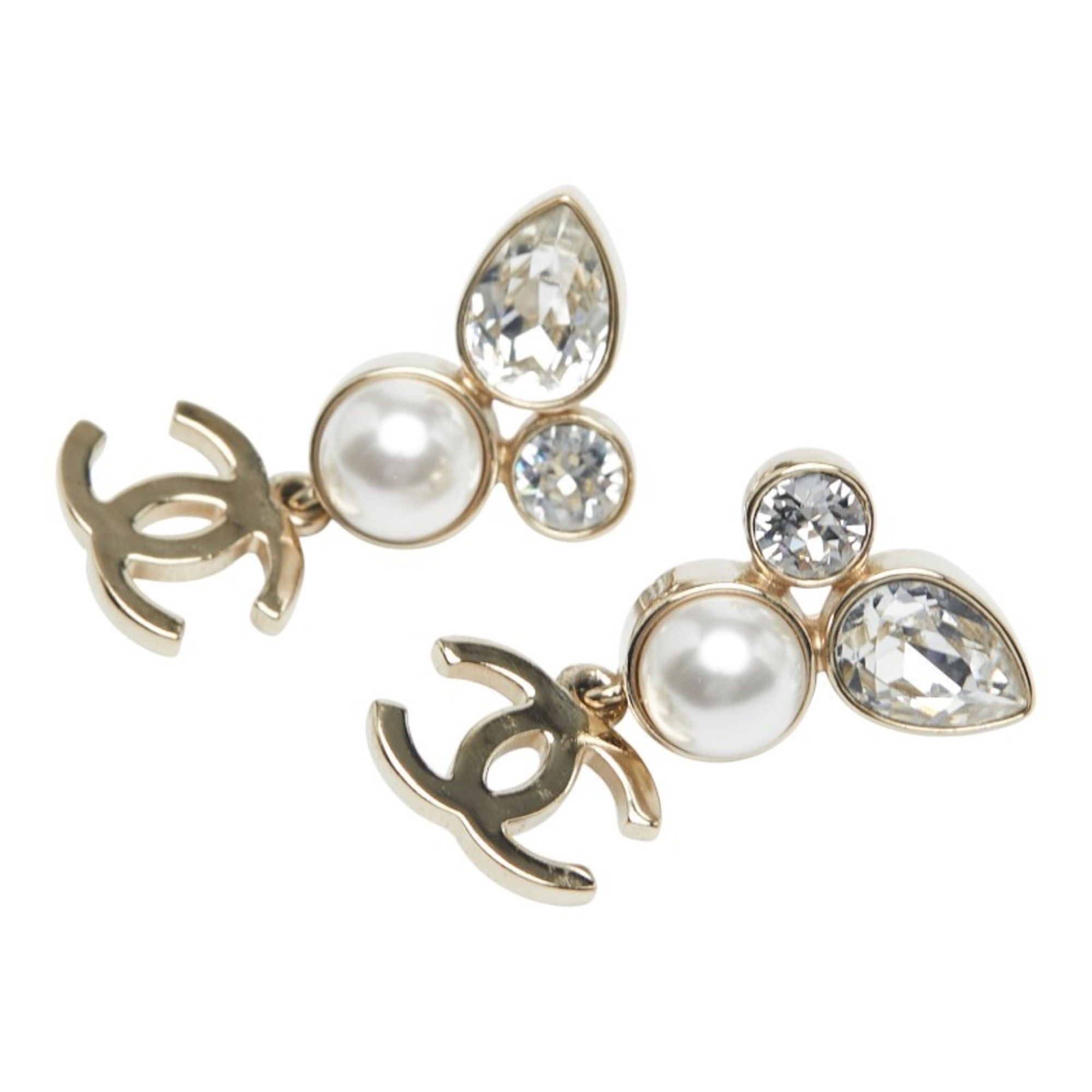 CHANEL Coco Mark Rhinestone and Pearl Earrings, Gold Plated, Women's