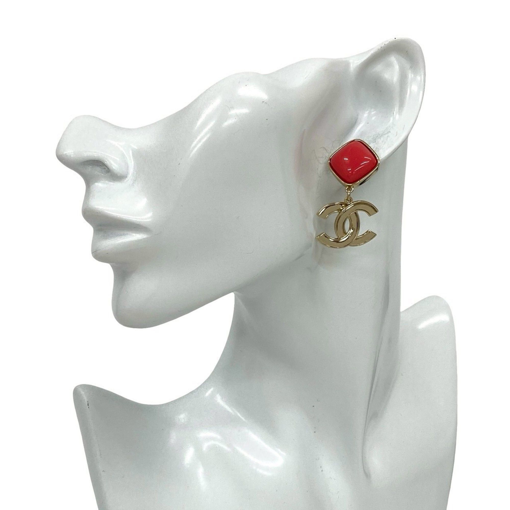 CHANEL Coco Mark Plastic Earrings, Gold and Pink, 89819