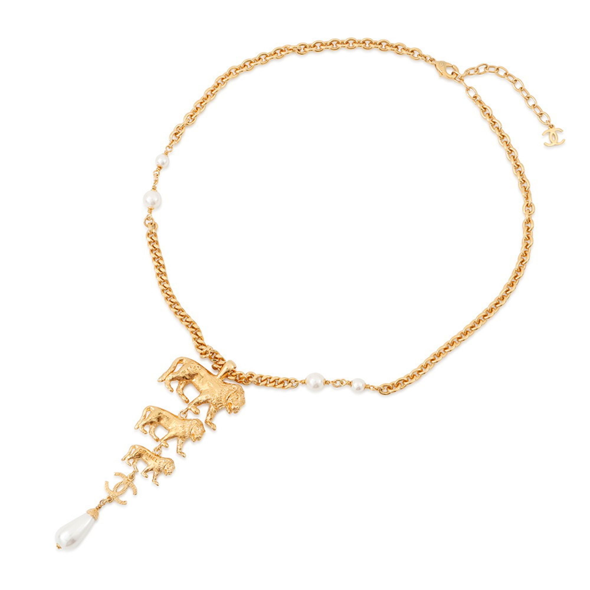 CHANEL Necklace Coco Mark Lion Faux Pearl B22A