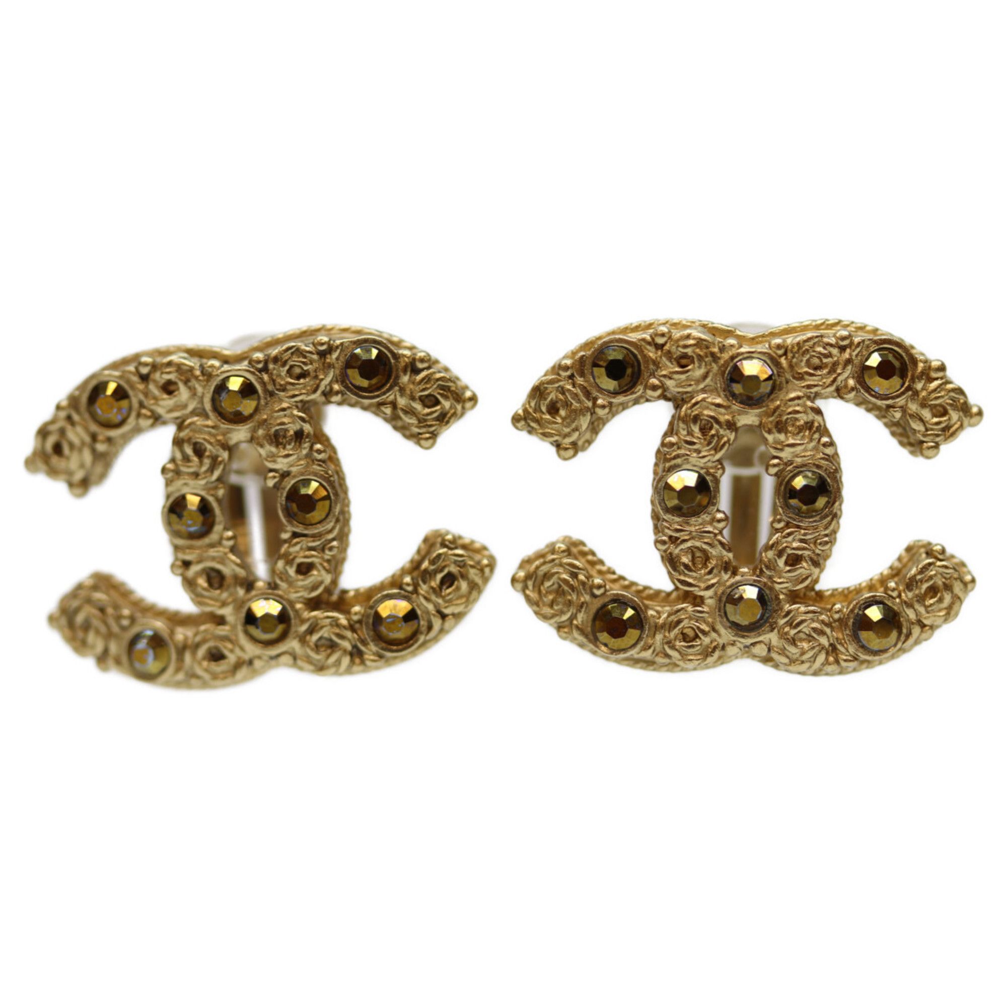 CHANEL 06A GP Coco Mark Brown Stone Earrings, Gold, Women's
