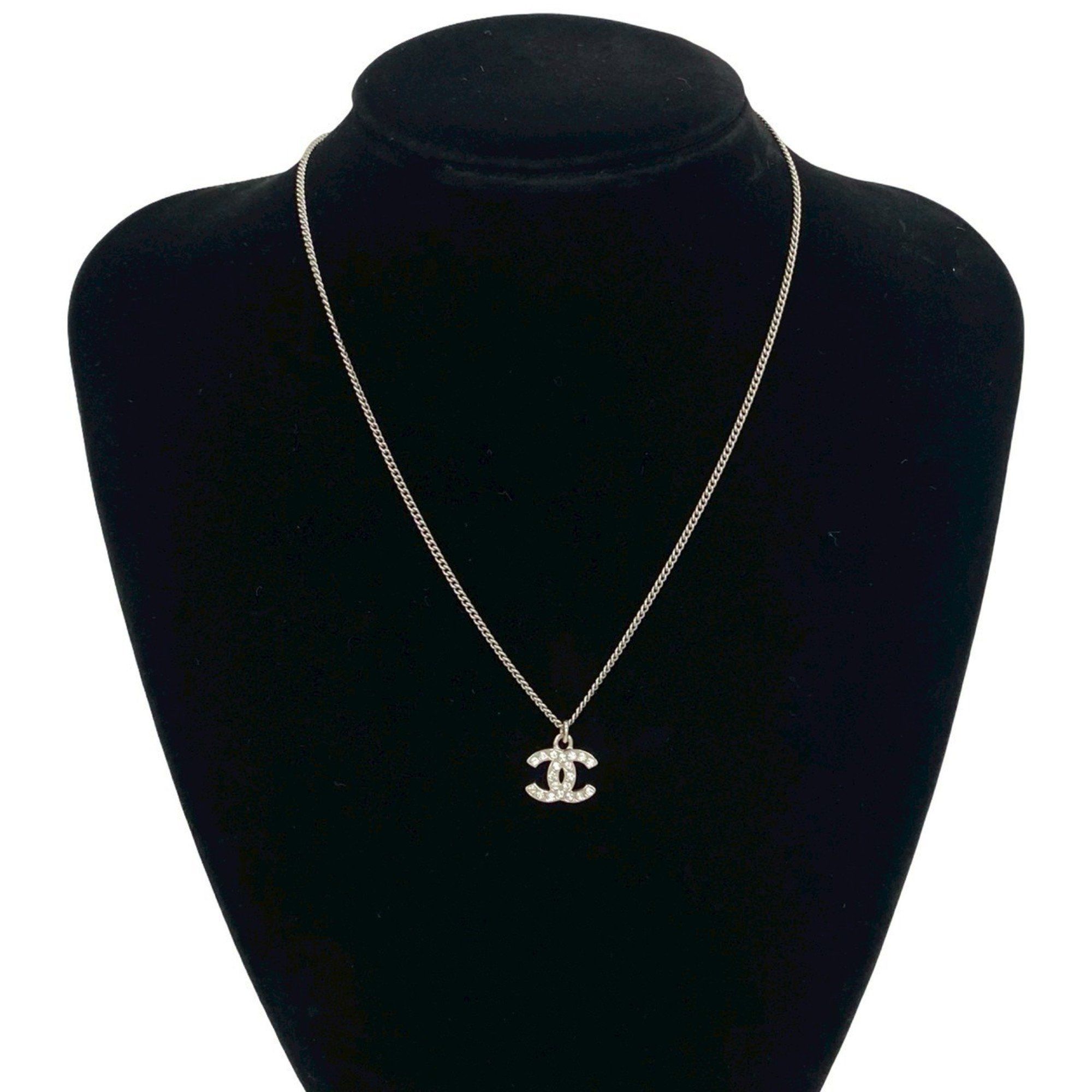 CHANEL Coco Mark Metal Rhinestone Necklace Pendant Silver 97650